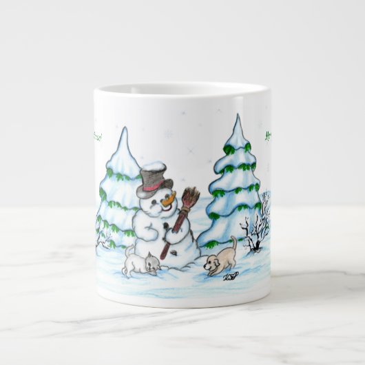 Grande Tasse Joyeux Noël ! Snowman avec chat et chiot (Devant)