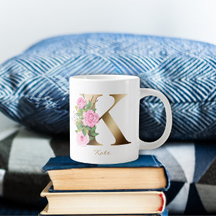 Grande Tasse Lettre K Monogramme or   Roses roses roses florale