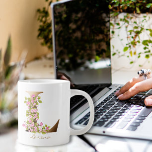 Grande Tasse Lettre L Monogramme or   Fleurs de cerisiers roses