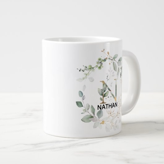 Grande Tasse Lettre N Monogramme initial Courbe verte avec or (Devant droit)