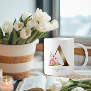 Grande Tasse Lettre or Monogramme floral rouge pourpre vert