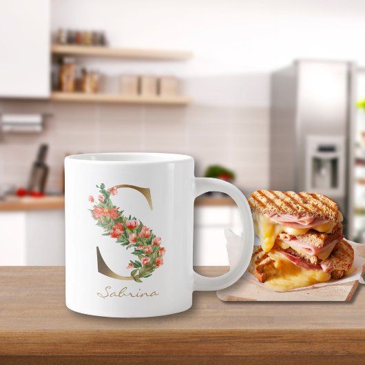 Grande Tasse Lettre S Monogramme Or Floral Orange
