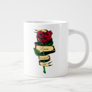 Grande Tasse Love Conquers All Cœur en Forme de Rose Rouge pour