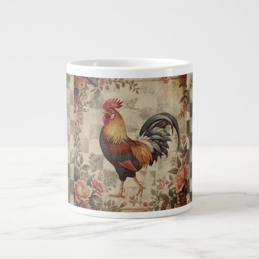 Grande Tasse Lovely Vintage Rooster ,Flowers Pattern, Checke (Devant)