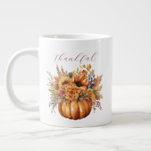 Grande Tasse Merci-Grateful-Citrouille avec Fleurs-