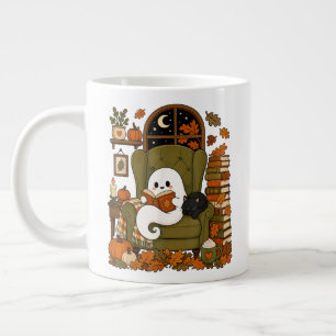 Grande Tasse Mignon Fantôme Lisant un Livre Chat Noir Automne C
