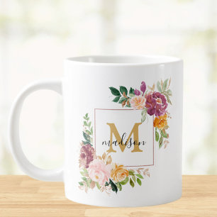 Grande Tasse Monogramme Aquarelle Roses Fleur Floral
