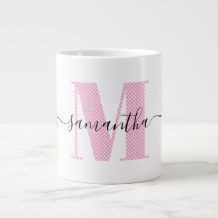 Grande Tasse Monogramme de pois rose et blanc clair