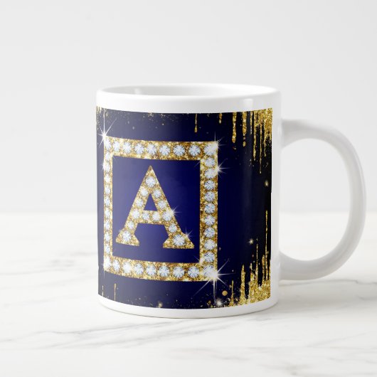 Grande Tasse Monogramme doré initial A avec paillettes bleues (Droite)
