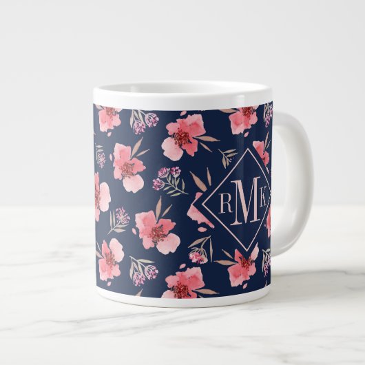 Grande Tasse Monogramme| Motif d'aquarelle rose foncé (Devant droit)