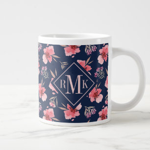Grande Tasse Monogramme Motif d'aquarelle rose foncé