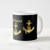 Grande Tasse Monogramme Nom Black & Faux Gold Ancre nautique (Devant droit)