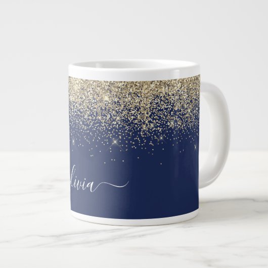 Grande Tasse Monogramme Nom Moderne Paillettes Bleu Marine Or (Devant droit)
