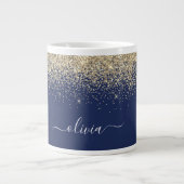 Grande Tasse Monogramme Nom Moderne Paillettes Bleu Marine Or (Devant)