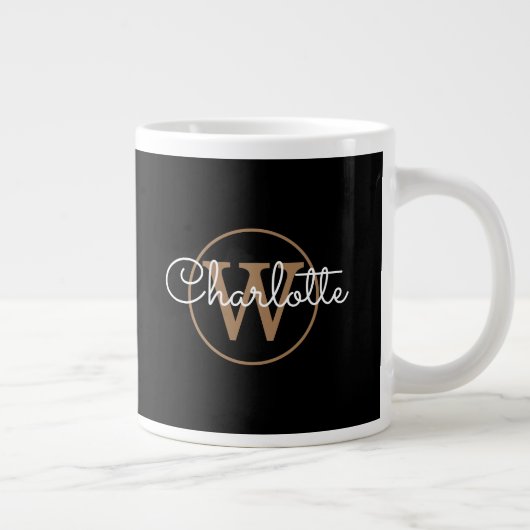 Grande Tasse Monogramme Or Élégant Script de fille Noir (Droite)
