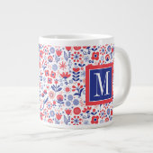 Grande Tasse Monogramme| Plan floral bleu et corail (Devant droit)