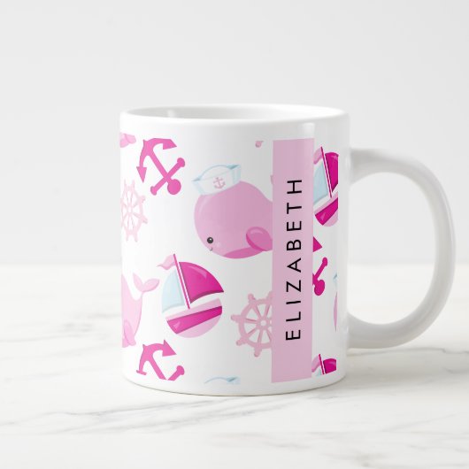 Grande Tasse Motif De Baleines, Baleines Roses, Votre Nom (Droite)