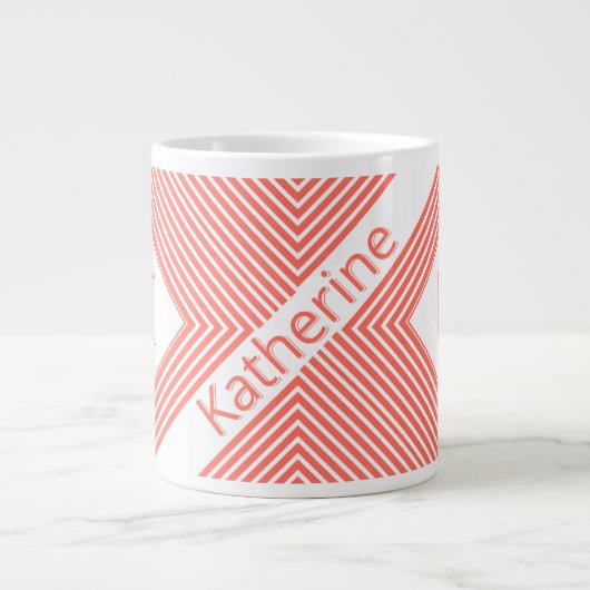 Grande Tasse Nom initial | Corail diagonal funky/rayures blanch (Devant)
