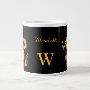 Grande Tasse Nom personnalisé Boho Floral Sunflower Noir