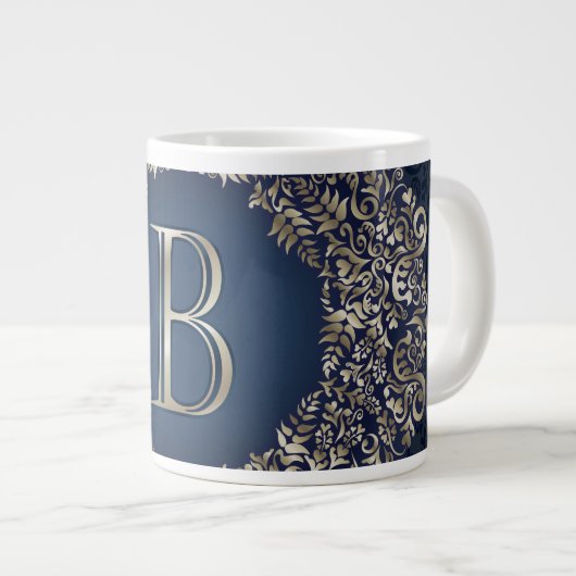 Grande Tasse Orné Bleu Or B Fancy Damask Monogramme (Devant droit)