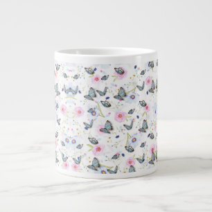 Grande Tasse Papillon bleu et fleurs roses à l'aquarelle vintag