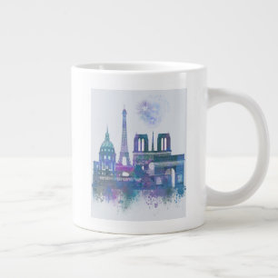 Grande Tasse Paris Skyline - Aquarelle bleue