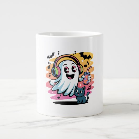 Grande Tasse Party Ghost with Cat Cute Halloween Cartoon (Devant)