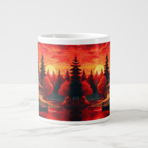 Grande Tasse Peinture coucher de soleil avec chalet et lac-6663