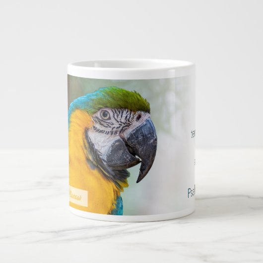 Grande Tasse Psaume Macaw bleu et jaune 145:9 KJV (Devant)
