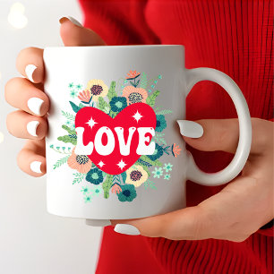 Grande Tasse Retro Floral Heart Love Red Valentine's Day