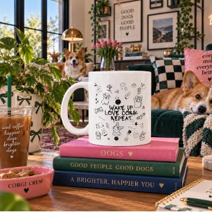 Grande Tasse 'Réveille-toi. Aime Corgi. Répète.' Noir Blanc Lud