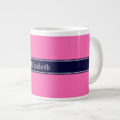 Grande Tasse Rose chaud solide #2, Nom du ruban bleu marine Mon (Devant droit)
