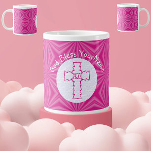 Grande Tasse Rose Chaud Zig-Zag Croix Rose Blanc Personnalisé