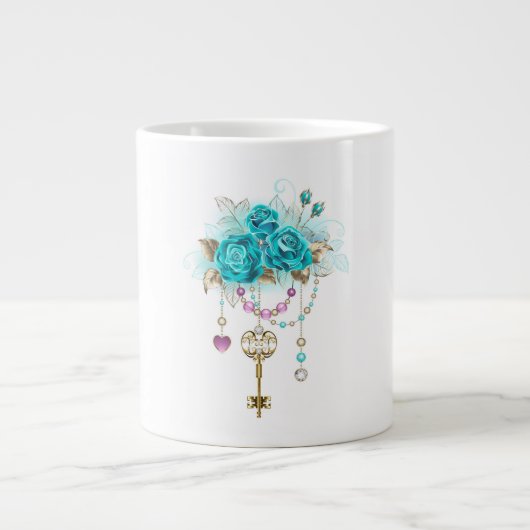 Grande Tasse Roses Turquoise avec Clés (Devant)