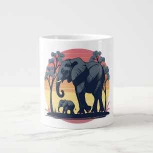 Grande Tasse Sage et Sauvage – Famille d'Éléphants au Coucher d