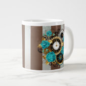 Grande Tasse Steampunk Clock and Turquoise Roses on Striped (Devant droit)