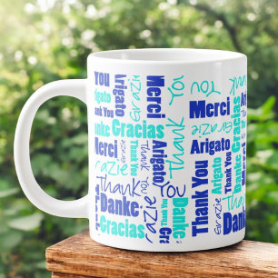 Grande Tasse Typographie Merci Multilingue Turquoise Bleu