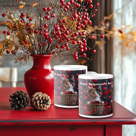 Grande Tasse Valentine's Day Calico Kitten Red Hearts Candy