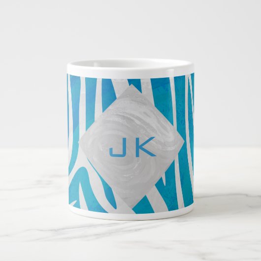 Grande Tasse Zèbre bleu et blanc avec Monogramme (Devant)