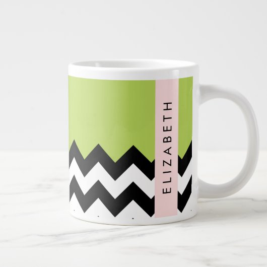 Grande Tasse Zigzag noir et blanc, Chevron, Vert, Votre nom (Droite)
