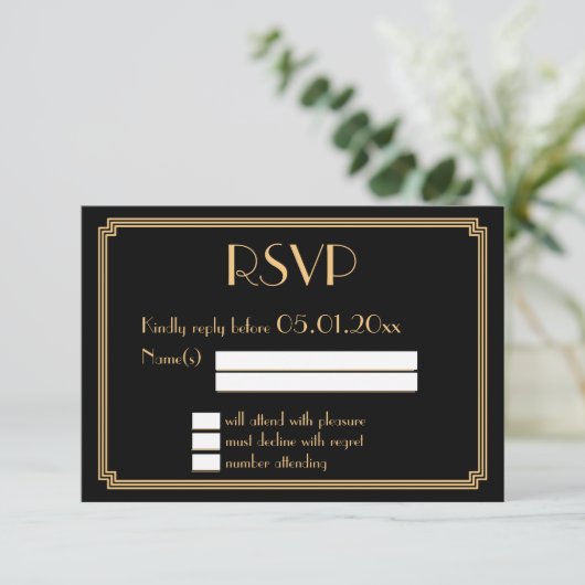 Grandes Cartes RSVP Gatsby Art Déco Noir Mariage (Debout devant)