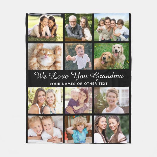 Grandma 12 Photo Collage Black Fleece Deken (Voorkant)