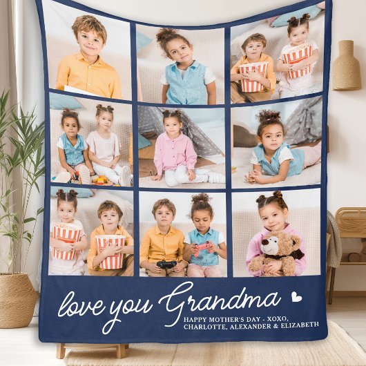 Grandma Custom Modern Navy Blauw 9 Fotocollage Fleece Deken