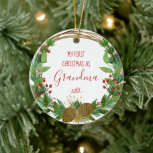 Grandma First Kerstmis Rustic Wreath Baby Foto Keramisch Ornament