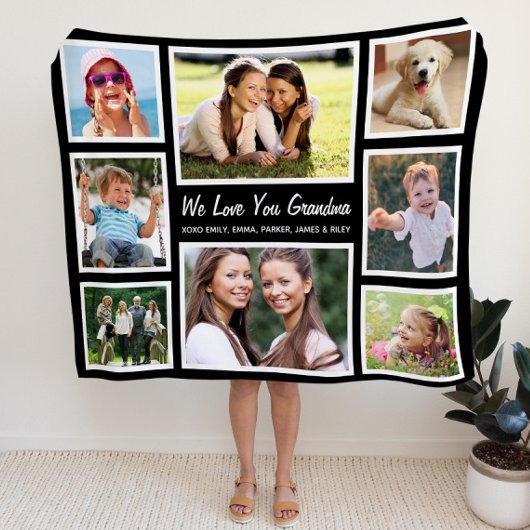 Grandma Photo Collage Black Fleece Deken