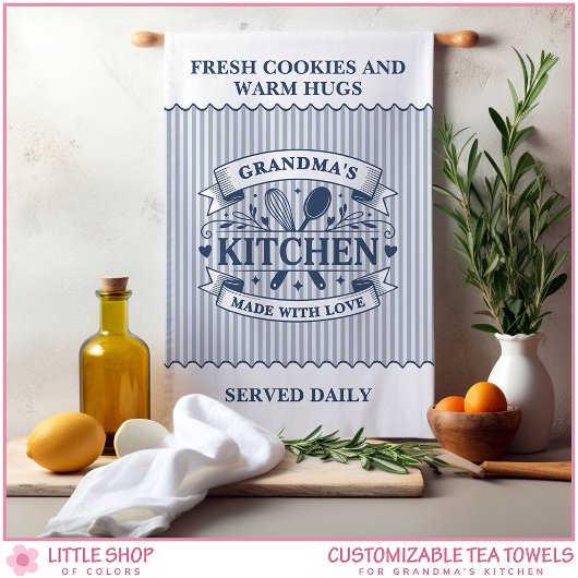 Grandmas Kitchen Blue Stripes Customizable Theedoek