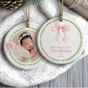 Grandmillenial Bows Baby's eerste kerstfoto Keramisch Ornament