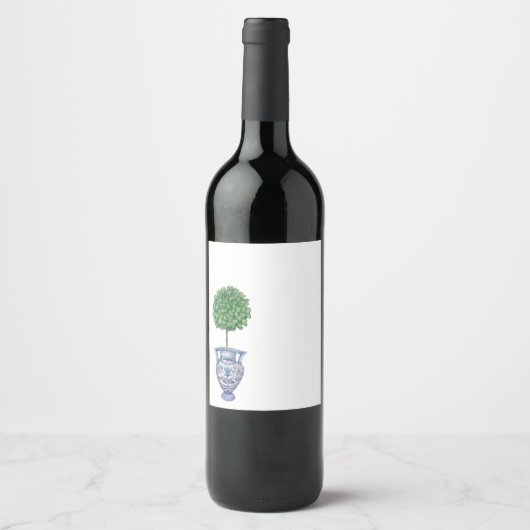 Grandmillenial buxus topiary blauwe chinoiserie wijn etiket (Voorkant)