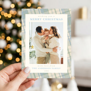 Grandmillennial blauw groen geruit kerstfoto feestdagenkaart