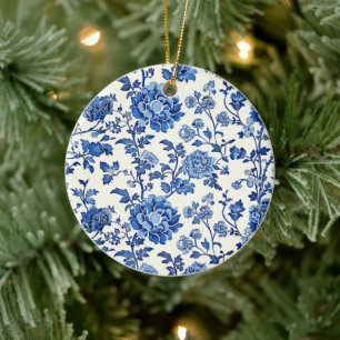 Grandmillennial Blauw-witte bloemenchinoiserie Keramisch Ornament